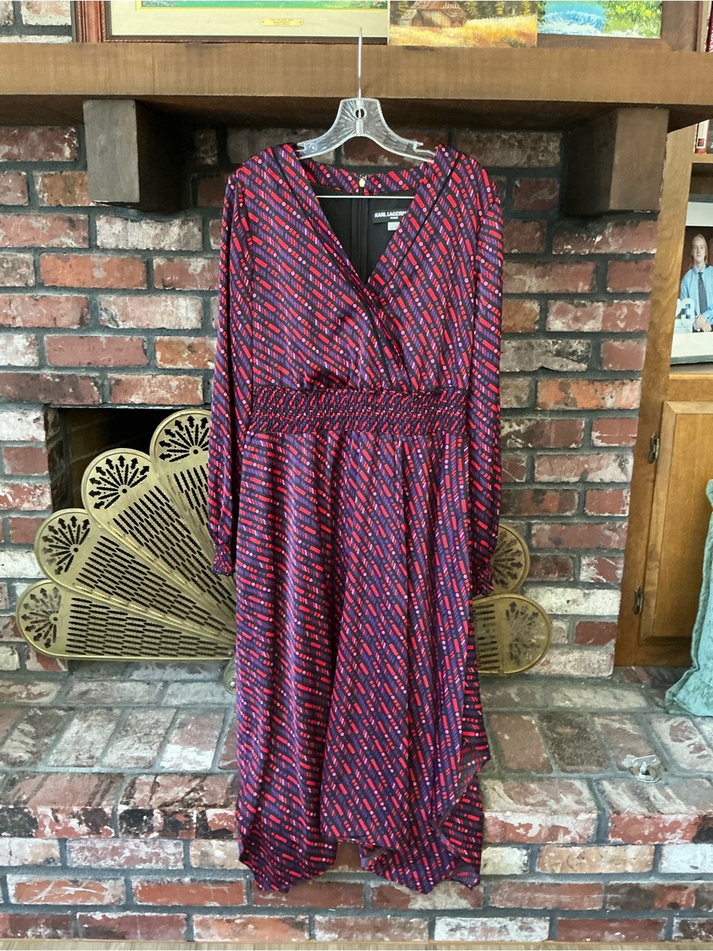 Karl Lagerfeld Paris Geometric Faux Wrap Smocked Midi Dress Handkerchief Hem 12
